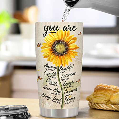 BECHUSKY Christian Gifts For Women Tumbler, Birthday Gift For Women, Unique Christian Tumbler, Religious Gifts For Women, Inspirational Gifts For Women, Bible Verse Sunflower Faith Girl Mom 20OZ