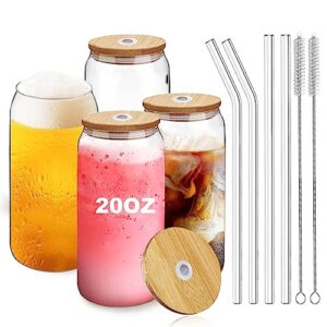 rechano [4 pack, 20 oz] can shaped tumbler cup with bamboo lids and glass straws, large beer glasses, clear drinking glass cup,ideal for ice tea, iced coffee, cocktail, whiskey