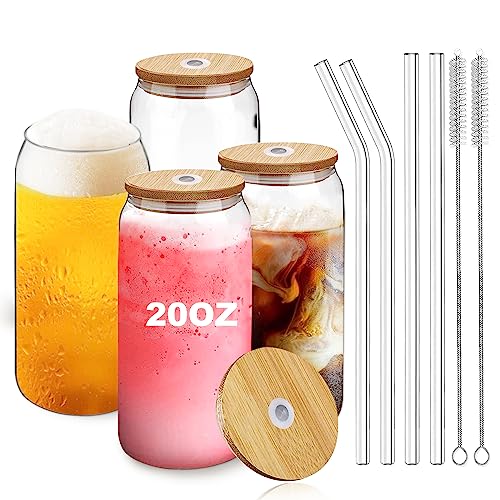 Rechano [4 Pack, 20 oz] Can Shaped Tumbler Cup with Bamboo Lids and Glass Straws, Large Beer Glasses, Clear Drinking Glass Cup,Ideal for Ice Tea, Iced Coffee, Cocktail, Whiskey