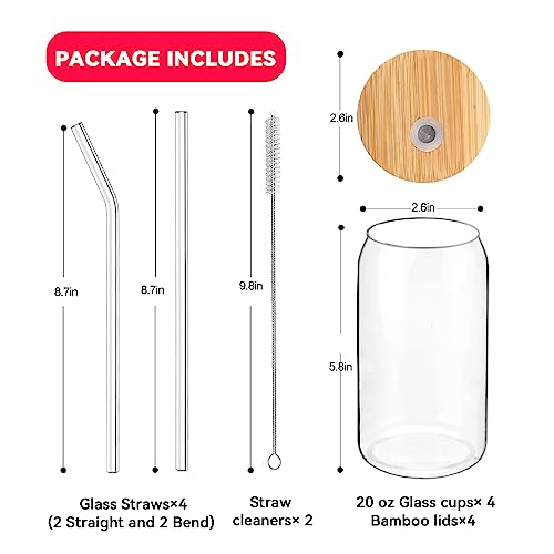 Rechano [4 Pack, 20 oz] Can Shaped Tumbler Cup with Bamboo Lids and Glass Straws, Large Beer Glasses, Clear Drinking Glass Cup,Ideal for Ice Tea, Iced Coffee, Cocktail, Whiskey