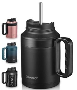 civago 50 oz insulated tumbler mug with lid and straw, vacuum travel coffee mug with handle, double wall stainless steel water cup bottle, black