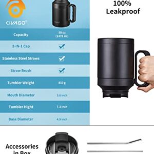 CIVAGO 50 oz Insulated Tumbler Mug with Lid and Straw, Vacuum Travel Coffee Mug with Handle, Double Wall Stainless Steel Water Cup Bottle, Black