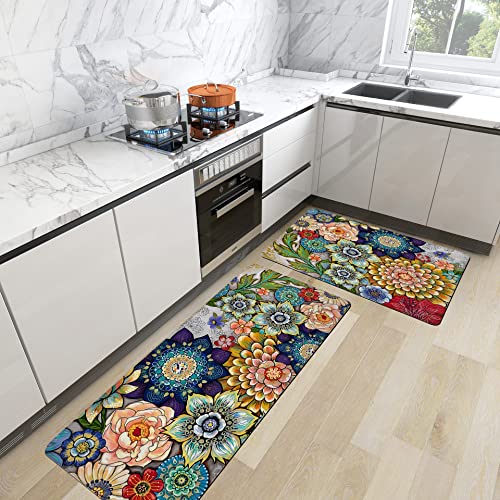 Colorful Boho Floral Kitchen Rugs Mats for Floor Bohemian Vintage Watercolor Flower Kitchen Rug Anti Fatigue Non Slip Cushioned Comfort Standing Mat, 17.3x28+17.3x47 inch