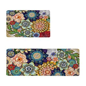 colorful boho floral kitchen rugs mats for floor bohemian vintage watercolor flower kitchen rug anti fatigue non slip cushioned comfort standing mat, 17.3x28+17.3x47 inch