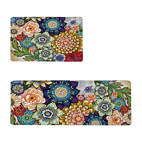 Colorful Boho Floral Kitchen Rugs Mats for Floor Bohemian Vintage Watercolor Flower Kitchen Rug Anti Fatigue Non Slip Cushioned Comfort Standing Mat, 17.3x28+17.3x47 inch