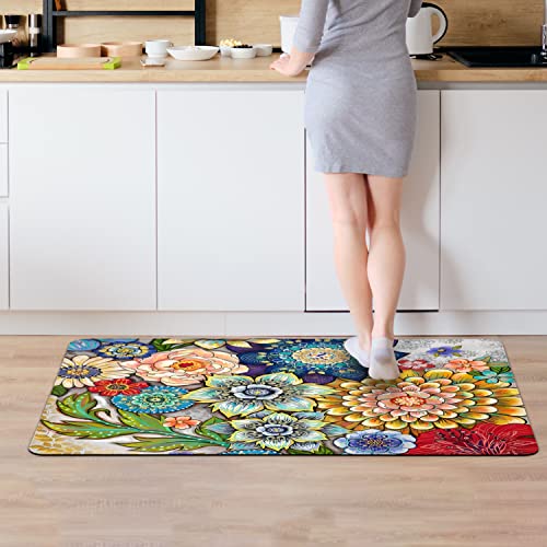Colorful Boho Floral Kitchen Rugs Mats for Floor Bohemian Vintage Watercolor Flower Kitchen Rug Anti Fatigue Non Slip Cushioned Comfort Standing Mat, 17.3x28+17.3x47 inch