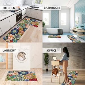 Colorful Boho Floral Kitchen Rugs Mats for Floor Bohemian Vintage Watercolor Flower Kitchen Rug Anti Fatigue Non Slip Cushioned Comfort Standing Mat, 17.3x28+17.3x47 inch