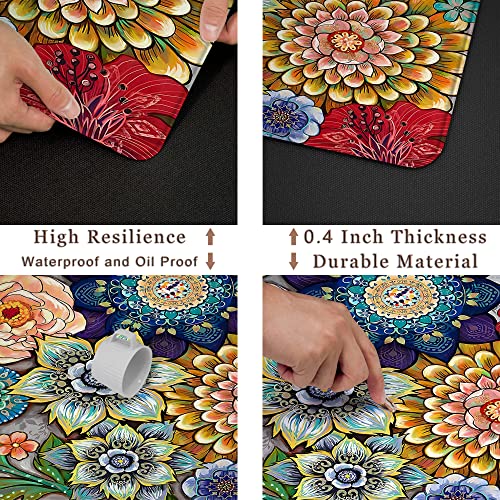 Colorful Boho Floral Kitchen Rugs Mats for Floor Bohemian Vintage Watercolor Flower Kitchen Rug Anti Fatigue Non Slip Cushioned Comfort Standing Mat, 17.3x28+17.3x47 inch