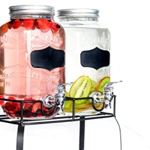 OMINA Pack of 2 Beverage Dispenser with Stand, 1 Gallon Each, Dual Drink Dispensers for Parties with Fruit Infuser, Ice Cylinder and Leakproof Spigot | Screw on Lids | 25 Drink Recipe E-Book