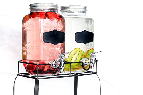 OMINA Pack of 2 Beverage Dispenser with Stand, 1 Gallon Each, Dual Drink Dispensers for Parties with Fruit Infuser, Ice Cylinder and Leakproof Spigot | Screw on Lids | 25 Drink Recipe E-Book