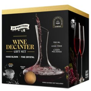 le portteus wine decanter with stopper and cleaning beads, hand blown glass, crystal decanter wine carafe and aerator, perfect wine gifts for wine lovers and newlyweds
