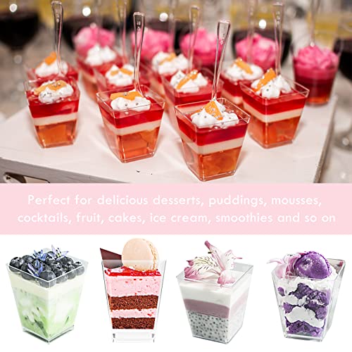 Wiaregom 50Pack 5oz Square Plastic Dessert Cups with Spoons,Clear Parfait Appetizer Cups for Tasting Party Desserts Fruit Parfait Trifle Baby Shower Party