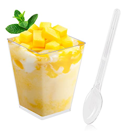 Wiaregom 50Pack 5oz Square Plastic Dessert Cups with Spoons,Clear Parfait Appetizer Cups for Tasting Party Desserts Fruit Parfait Trifle Baby Shower Party