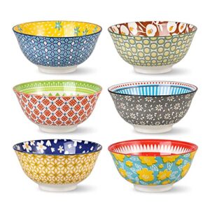 porcelain soup cereal bowls set - ceramic bowls for kitchen 23 oz - 6 colorful patterned cute bowl sets - 6 inch deep bowls for oatmeal | oat | noodle | breakfast - dishwasher and microwave safe