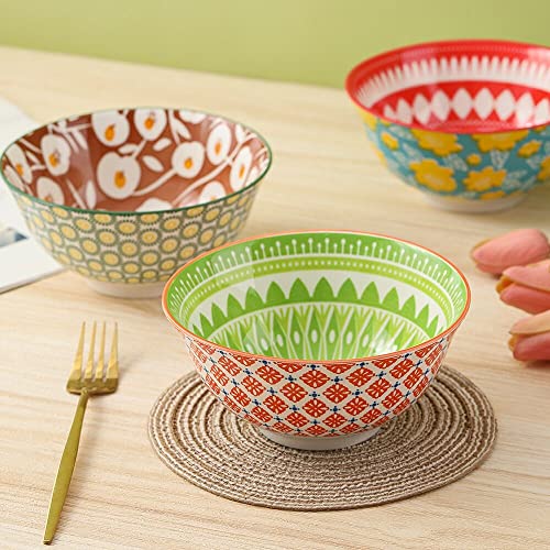 Porcelain Soup Cereal Bowls Set - Ceramic Bowls for Kitchen 23 oz - 6 Colorful Patterned Cute Bowl Sets - 6 Inch Deep Bowls for Oatmeal | Oat | Noodle | Breakfast - Dishwasher and Microwave Safe