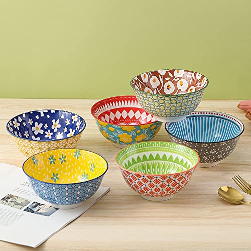 Porcelain Soup Cereal Bowls Set - Ceramic Bowls for Kitchen 23 oz - 6 Colorful Patterned Cute Bowl Sets - 6 Inch Deep Bowls for Oatmeal | Oat | Noodle | Breakfast - Dishwasher and Microwave Safe