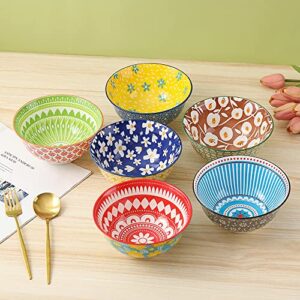 Porcelain Soup Cereal Bowls Set - Ceramic Bowls for Kitchen 23 oz - 6 Colorful Patterned Cute Bowl Sets - 6 Inch Deep Bowls for Oatmeal | Oat | Noodle | Breakfast - Dishwasher and Microwave Safe