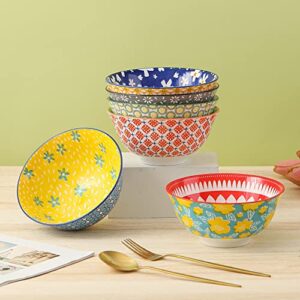 Porcelain Soup Cereal Bowls Set - Ceramic Bowls for Kitchen 23 oz - 6 Colorful Patterned Cute Bowl Sets - 6 Inch Deep Bowls for Oatmeal | Oat | Noodle | Breakfast - Dishwasher and Microwave Safe
