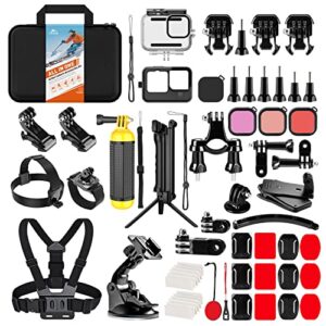 hongdak action camera accessories kit for gopro hero 11 10 9 black, waterproof housing+silicone case+3-way adjustable arm+head chest wrist strap+bike mount+suction cup+floating grip bundle set 63 in 1