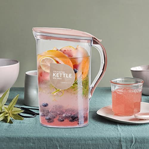 Coloch 2 Pack 2 Quart Plastic Water Pitcher with Flip Top Spout Lid, Clear Slim Water Container for Fridge Door Juice Pitcher with Scale Line for Tea, Lemonade, DIY Drinks, Blue and Pink