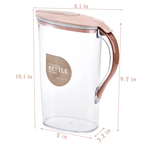 Coloch 2 Pack 2 Quart Plastic Water Pitcher with Flip Top Spout Lid, Clear Slim Water Container for Fridge Door Juice Pitcher with Scale Line for Tea, Lemonade, DIY Drinks, Blue and Pink