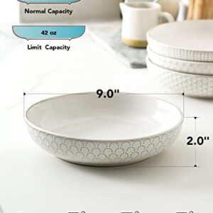 LE TAUCI Pasta Bowls, 42oz Large Salad Bowl, Serving Plate House-warming Wedding Gift, Ceramic Embossment Stoneware Bowl for Fruits, Noodle, Dinner - 9 Inch, Set of 4, Arctic White