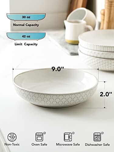 LE TAUCI Pasta Bowls, 42oz Large Salad Bowl, Serving Plate House-warming Wedding Gift, Ceramic Embossment Stoneware Bowl for Fruits, Noodle, Dinner - 9 Inch, Set of 4, Arctic White