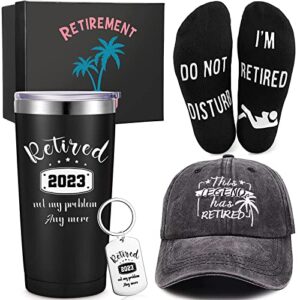 sieral 5 pcs retirement gift set for men funny retired presents include insulated tumbler baseball cap full length lounge socks keychain with gift box for coworkers, retired people, dad (tree style)