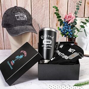 Sieral 5 Pcs Retirement Gift set for Men Funny Retired Presents Include Insulated Tumbler Baseball Cap Full Length Lounge Socks Keychain with Gift Box for Coworkers, Retired People, Dad (Tree Style)