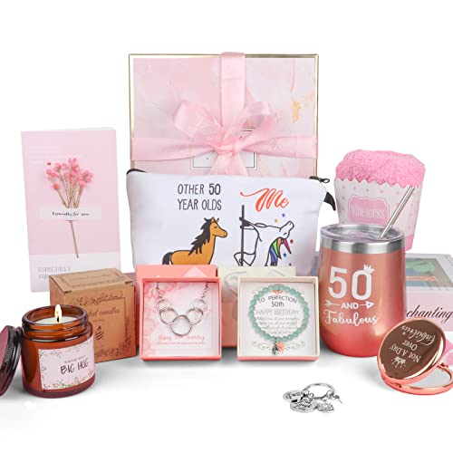 DOLZO 50th Birthday Gifts for Women, Best Friend Gift Basket for Women, Wife, Mom, Grandma, Sister, Aunt, 50th Birthday Funny Wine Tumbler Gift Sets for Women