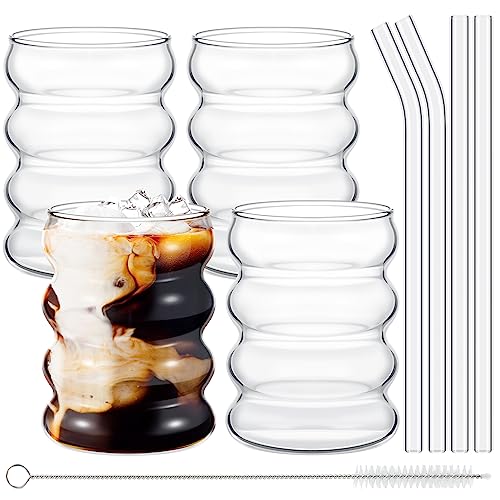 Tessco 4 Pcs Creative Glass Cups Vintage Drinking Glasses Ribbed Glassware Aesthetic Cups Entertainment Dinnerware Glassware with Straws Set for Kitchen Coffee Juice Beverage (Clear)