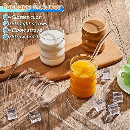 Tessco 4 Pcs Creative Glass Cups Vintage Drinking Glasses Ribbed Glassware Aesthetic Cups Entertainment Dinnerware Glassware with Straws Set for Kitchen Coffee Juice Beverage (Clear)