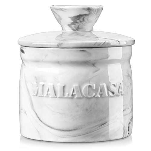 MALACASA French Butter Crock for Counter with Lid, Ceramic Butter Dish Keeper with Water Line, Butter Container for Fresh Spreadable Butter, Series REG, Marble Gray