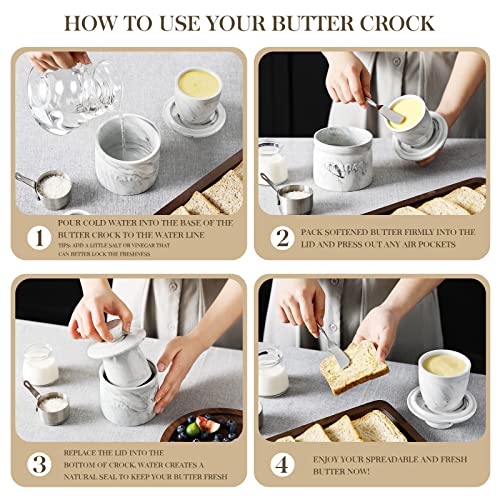 MALACASA French Butter Crock for Counter with Lid, Ceramic Butter Dish Keeper with Water Line, Butter Container for Fresh Spreadable Butter, Series REG, Marble Gray