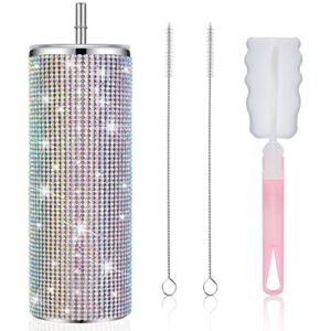 tessco bling cups rhinestones tumbler with straw glitter water bottle stainless steel straw tumbler insulated bling cup with lid and brush for women (colorful,20 oz)