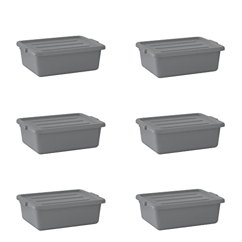 Krollen Industrial 6-Pack 20" x 15" x 7" 9 Gallon Gray Polypropylene Plastic Bus Tub / Bus Box with Cover