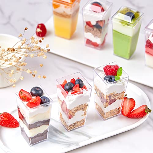 Qeirudu 50 Pack 3 oz Mini Square Dessert Cups with Lids and Spoons Clear Plastic Parfait Cups Mini Appetizer Shot Glasses for Individual Mousse Trifle Fruit Pudding