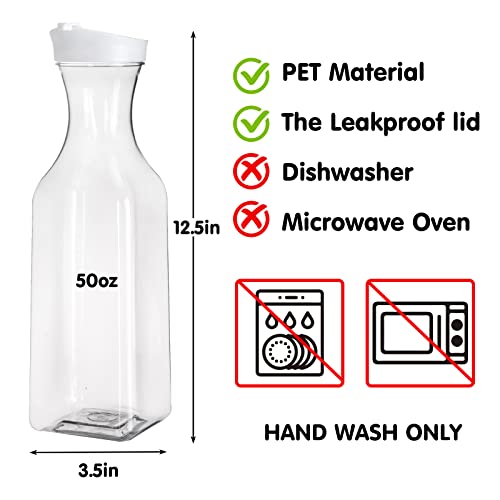 Tomnk 4 Pack 50 Oz Plastic Water Carafe with Flip Top Lid, Square Base Heavy Duty Water Containers, Mimosa Bar Supplies Beverage Pitcher for Water, Tea, Juice, Milk, Lemonade and Other Beverages