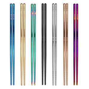 essbes 7 pairs metal chopsticks, 7 colors reusable stainless steel chopsticks, 13 rings pattern non-slip dishwasher safe chop sticks, square lightweight chopsticks, 8.9 inches