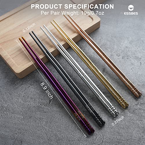 ESSBES 7 Pairs Metal Chopsticks, 7 Colors Reusable Stainless Steel Chopsticks, 13 Rings Pattern Non-slip Dishwasher Safe Chop Sticks, Square Lightweight Chopsticks, 8.9 Inches