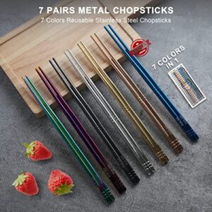 ESSBES 7 Pairs Metal Chopsticks, 7 Colors Reusable Stainless Steel Chopsticks, 13 Rings Pattern Non-slip Dishwasher Safe Chop Sticks, Square Lightweight Chopsticks, 8.9 Inches