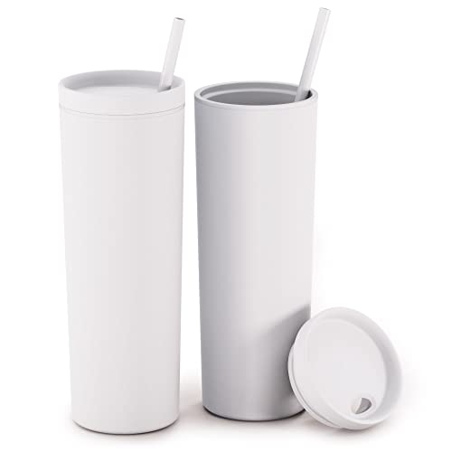 Maars Skinny Acrylic Tumbler with Lid and Straw | 18oz Premium Insulated Double Wall Plastic Reusable Cups - Matte Pastel White, 2 Pack