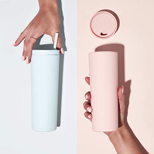 Maars Skinny Acrylic Tumbler with Lid and Straw | 18oz Premium Insulated Double Wall Plastic Reusable Cups - Matte Pastel White, 2 Pack