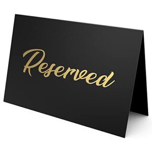 10 pack black reserved table signs for wedding with gold foil letters - reserved seating signs for wedding chairs - church pews - double sided reserved signs for tables - table tent reservation cards