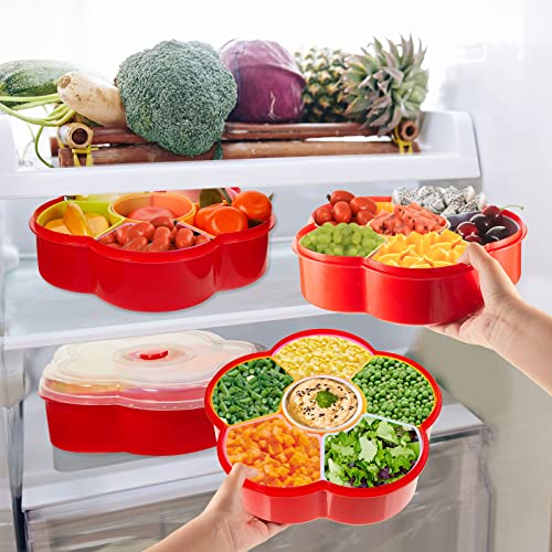 2 Pcs Flower Shaped Snack Tray Fruit Bowl Divided Serving Container 6 Compartment Fruit Tray Nut Candy Veggie Tray with Lid Fruit Platter Plastic Appetizer Tray Fruit Plate Organizer for Party Supply