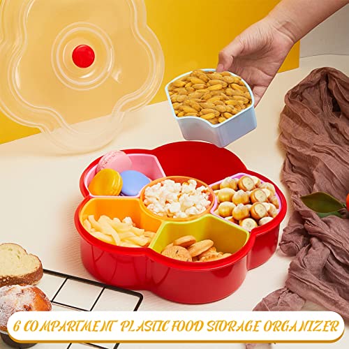 2 Pcs Flower Shaped Snack Tray Fruit Bowl Divided Serving Container 6 Compartment Fruit Tray Nut Candy Veggie Tray with Lid Fruit Platter Plastic Appetizer Tray Fruit Plate Organizer for Party Supply