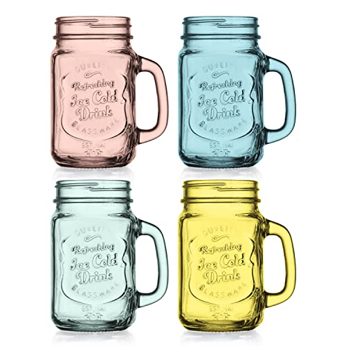 Glaver's Mason Jar Drinking Glasses Set Of 4, 15 oz. Colored Mugs With Embossed Ice-Cold Drinkware Logo, Glass Mason Jar Mug With Handle. For Smoothies, Cocktails, Beverages.