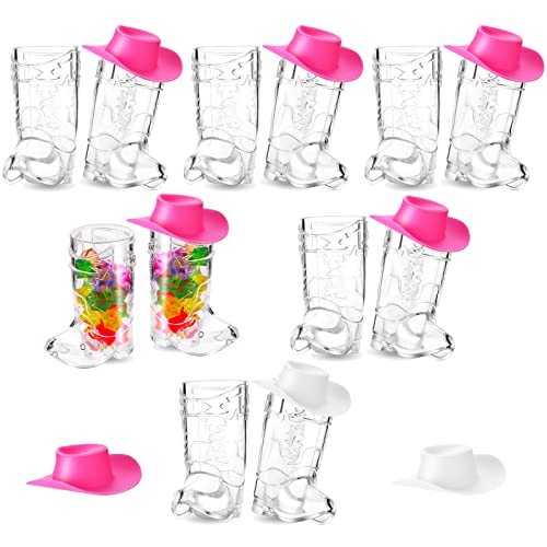 CHENGU 33 Pcs Cowboys Shot Glass Plastic Mini Western Cowgirl Hat and Boot Glasses for Bridegroom Bridal Shower Bachelorette Party (White, Pink)