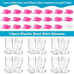 CHENGU 33 Pcs Cowboys Shot Glass Plastic Mini Western Cowgirl Hat and Boot Glasses for Bridegroom Bridal Shower Bachelorette Party (White, Pink)