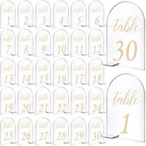 vicenpal 30 sets arch acrylic sign gold printed 1-30 table signs with stands calligraphy clear table number display stand for wedding reception event party restaurant centerpieces decor (4 x 6 inch)